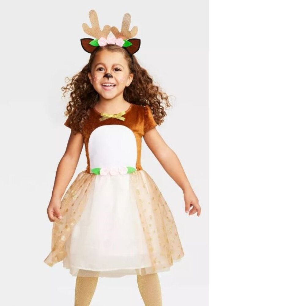 Reindeer Fawn Halloween Costume 4T/5T Brown Dress, Headband 3 Pc Girls Toddler